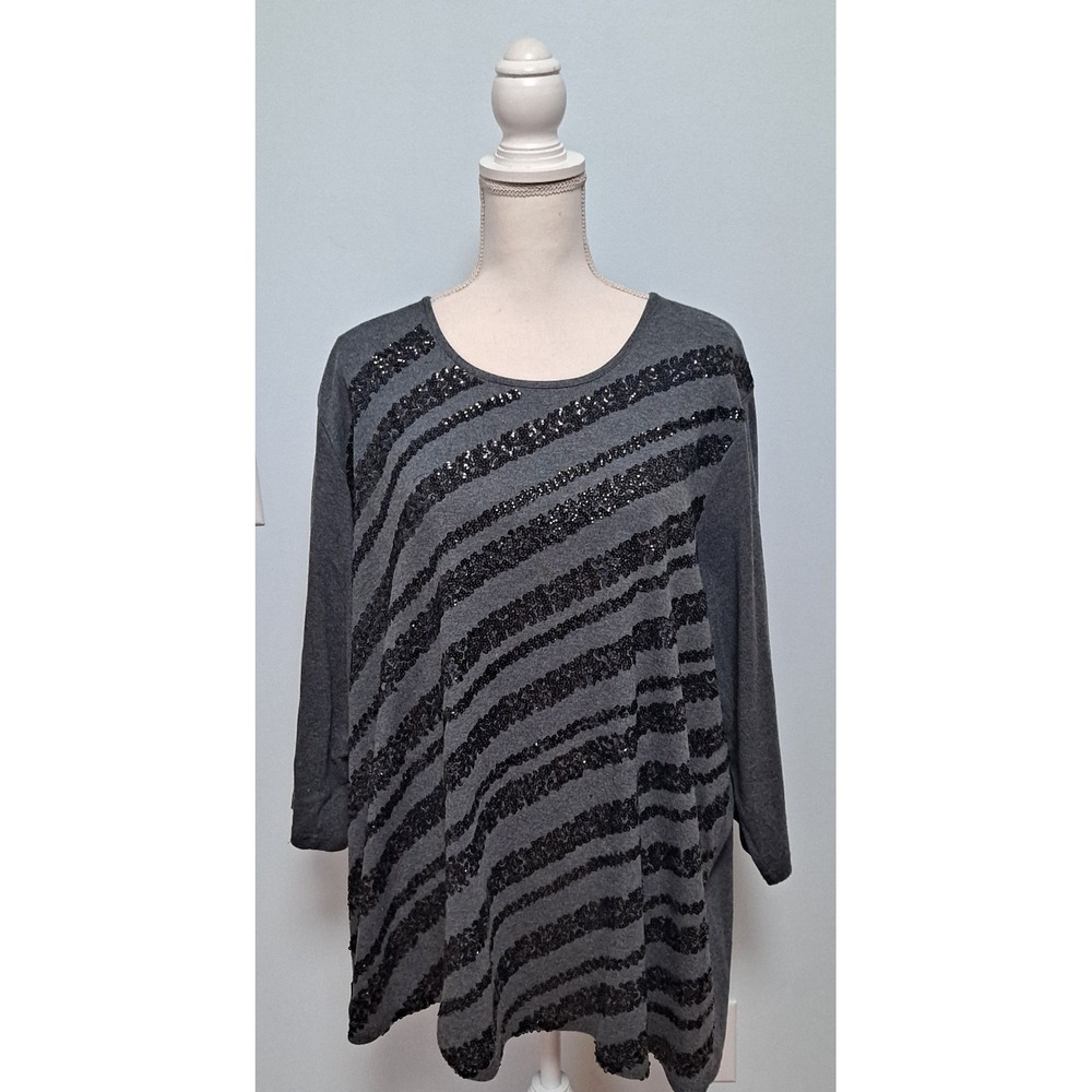 QUACKER FACTORY GREY BLACK SEQUIN-EMBELLISHED 3XL  COTTON TUNIC TOP